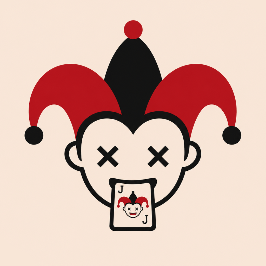 Diejest jester holding a small card